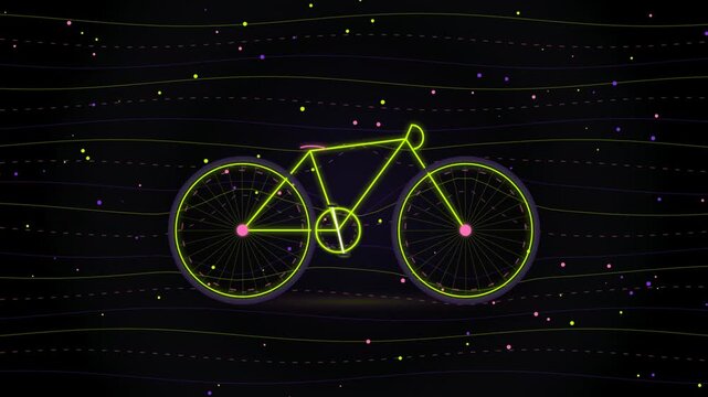 Neon yellow bicycle outline illustration on a dark starry space background with glowing pink center points on the wheels for a creative and modern graphic design style 4k Motion Video