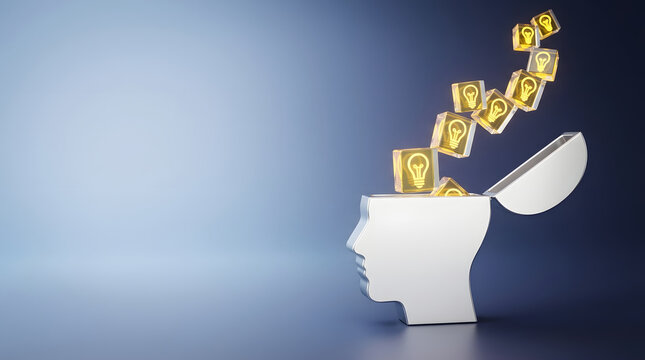 An abstract illustration of a human head silhouette with an open mind, from which numerous glowing light bulb icons are flowing out, representing the flow of ideas and innovation