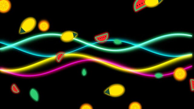 Abstract background with glowing neon wavy lines and colorful summer fruit slices like watermelon and lemon on a black backdrop for modern digital graphic design 4k Motion Video