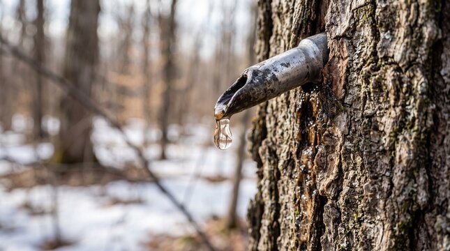 Maple syrup tap dripping clear sap from a tree trunk in a snowy forest