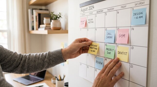 Person organizing schedule on wall calendar with colorful sticky notes for August 2024, managing time, appointments, design meetings, and daily tasks in home office