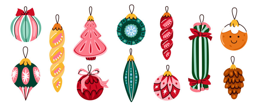 set of christmas tree decorations. classic new year's toys, ball, cones, candy, icicle. winter holiday decorations. vector flat illustration.