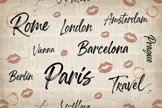 Travel concept background with city names like paris, rome, london, barcelona, berlin, amsterdam, prague, and vienna on vintage paper