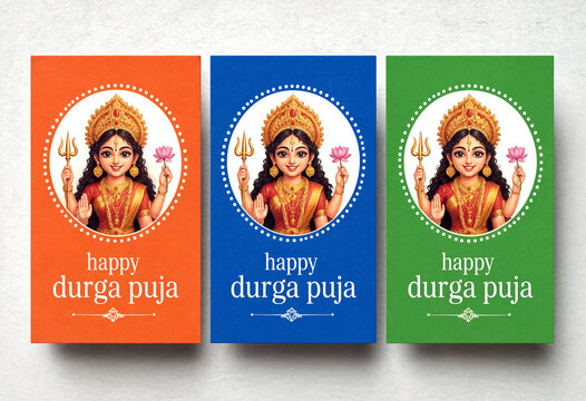 Colorful Durga Puja greeting cards with goddess Durga illustration and festive message for Hindu celebration
