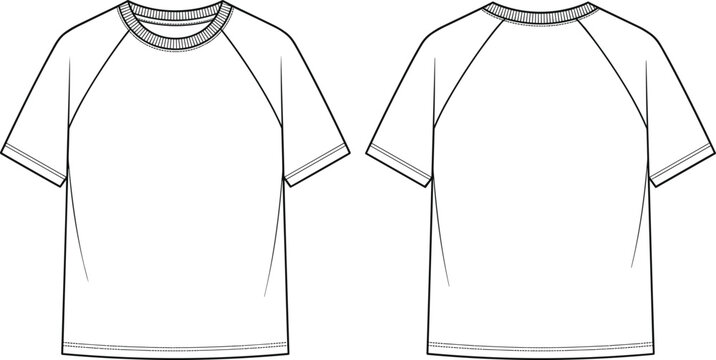 Unisex short sleeve raglan t-shirt technical fashion flat sketch vector CAD drawing apparel template
