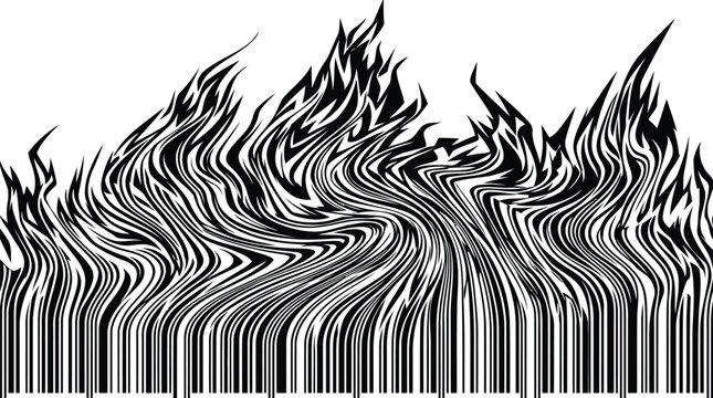 Abstract black and white graphic illustration featuring a distorted barcode pattern resembling rising flames or smoke