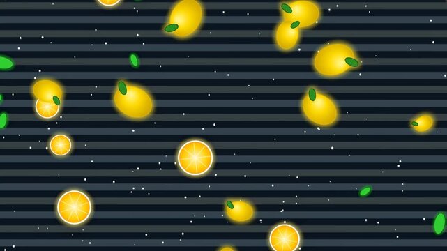 Fresh yellow lemons and orange slices floating with green leaves on a dark striped background with small white particles creating a dynamic food pattern design 4k Motion Video