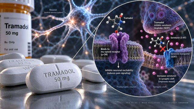 Close-up of tramadol medication paired with a conceptual scientific inset displaying dual action on mu-opioid receptors and serotonin reuptake in neurons