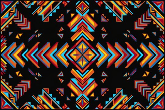 Abstract geometric pattern with vibrant tribal motifs in orange, blue, red, and yellow colors on a black background