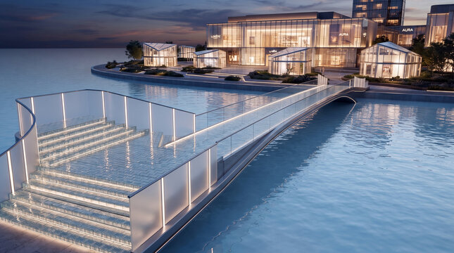 n architectural rendering of a modern waterfront development with a illuminated glass pedestrian bridge and steps leading down to the water, surrounded by contemporary low-rise glass pavilions and lar