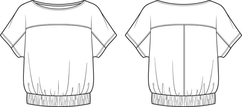 Women short sleeve dolman blouson top with elastic gathered hem technical fashion flat sketch vector CAD drawing template