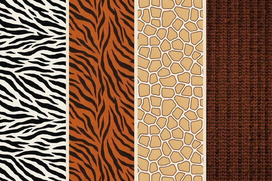 Set of four different animal print textures including zebra stripes, tiger stripes, giraffe spots and a brown woven fabric pattern