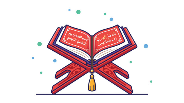 Open holy Quran book resting on a wooden stand in a colorful flat vector illustration style