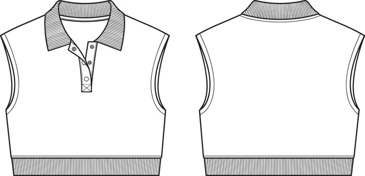 Women sleeveless collared cropped polo top technical fashion flat sketch vector CAD drawing apparel design template