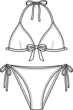 Women two piece string bikini set swimwear technical fashion flat sketch vector CAD drawing apparel design template
