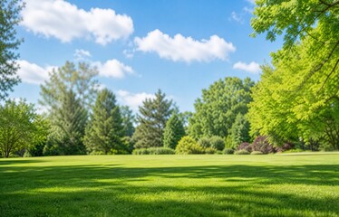 Fototapeta premium Beautiful blurred background image of spring nature with a neatly trimmed lawn surrounded by trees against a blue sky with clouds on a bright sunny day.