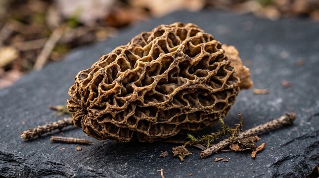 Fresh wild morel mushroom sitting on a textured dark slate stone surface