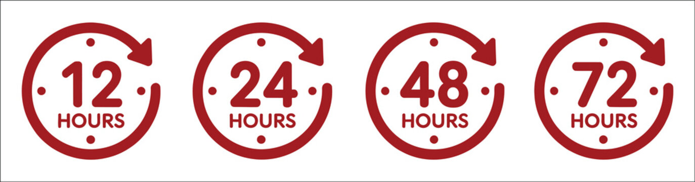 Time interval countdown vector collection, 12 hour, 24 hour, 48 hour and 72 hour timer icons for scheduling, deadlines, reminders, web and app design