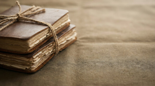 A stack of antique leather-bound journals tied with twine resting on a textured fabric surface, evoking a sense of history and storytelling