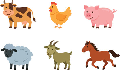 Obraz premium A collection of six cute cartoon farm animals including a cow chicken pig sheep goat and horse.