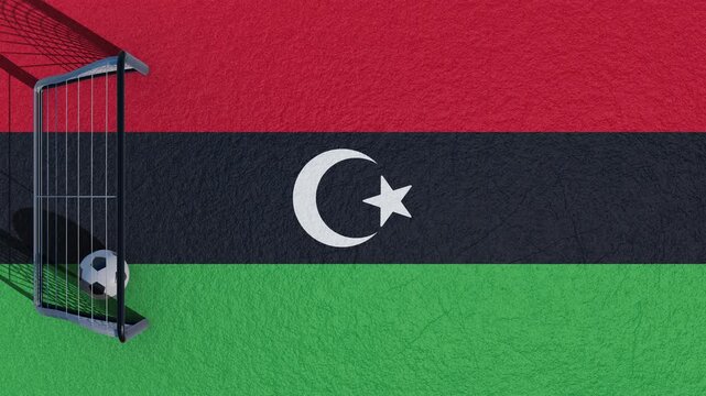 Libya national flag background with soccer ball in goal. Libyan football concept, athletic competition and sports success in Libya.