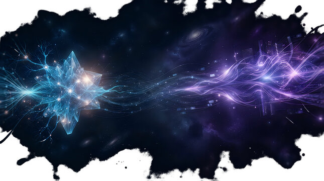 Blue crystal star and purple energy stream in space isolated on a transparent background