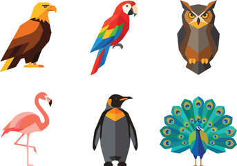 Fototapeta premium A collection of six stylized geometric bird illustrations featuring various species.