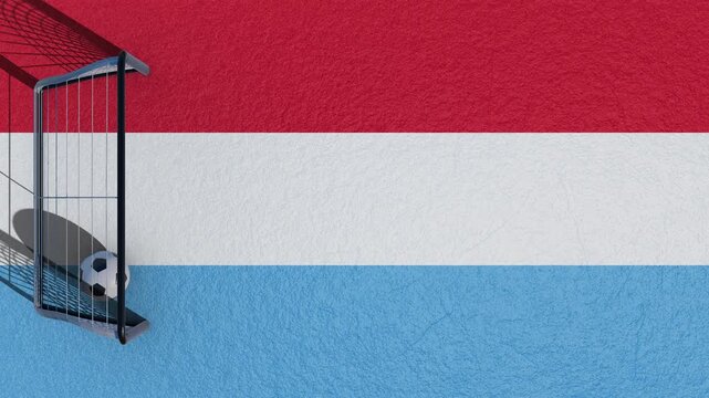 Luxembourg flag background with soccer ball in goal. National football team concept, sports competition in Luxembourg, soccer match backdrop.