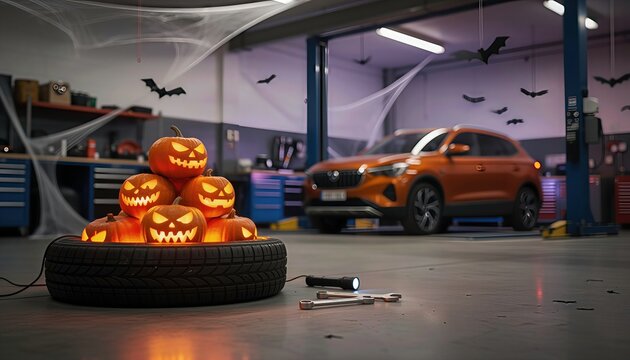 stack of  Halloween pumpkins inside a car tire at an auto repair shop. Concept for Halloween car service discounts and seasonal tire change. Space for text. Blurred background 
