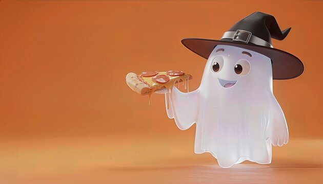 Pizza delivery and Halloween concept , cartoon anthropomorphic chost hold pizza. Orange background, space for text 