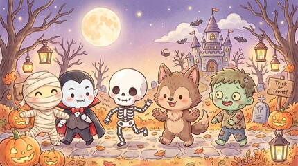 Fototapeta premium Cute Halloween Trick or Treat Characters with Mummy, Vampire, Skeleton, Werewolf and Zombie