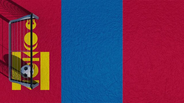 Mongolia flag soccer background, football ball hitting the net on Mongolian national flag, sports competition concept