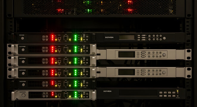 Professional Data Center Server Rack Stack with Glowing LED Status Indicators and Network Hardware Equipment Installed in a Secure Server Room