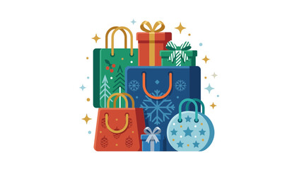 Fototapeta premium Christmas shopping bags and gift boxes with festive winter patterns and holiday decorations.