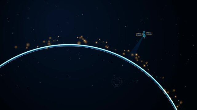 A digital satellite orbiting around a glowing planet in deep dark outer space with stars and constellations visible in the background for technology and science concepts 4k Motion Video
