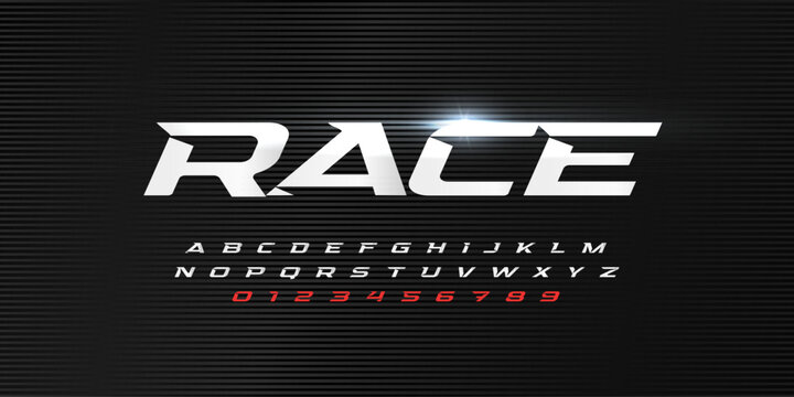 Race, dynamic letters and numbers set. Drive alphabet, dynamic font, wind type for modern sport logo, motion headline and action lettering. Vector typographic design