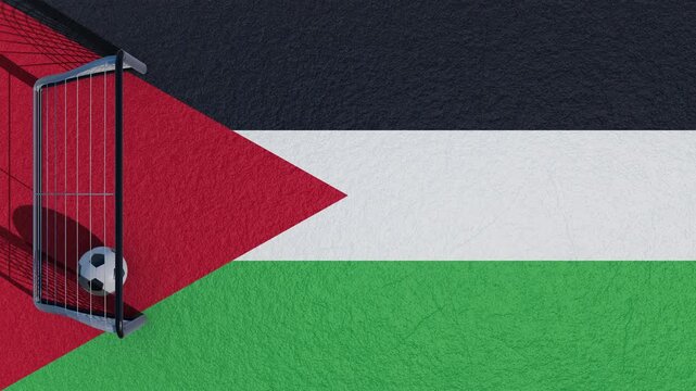 Palestine flag soccer background, football ball hitting goal net on Palestinian flag, national sports competition concept