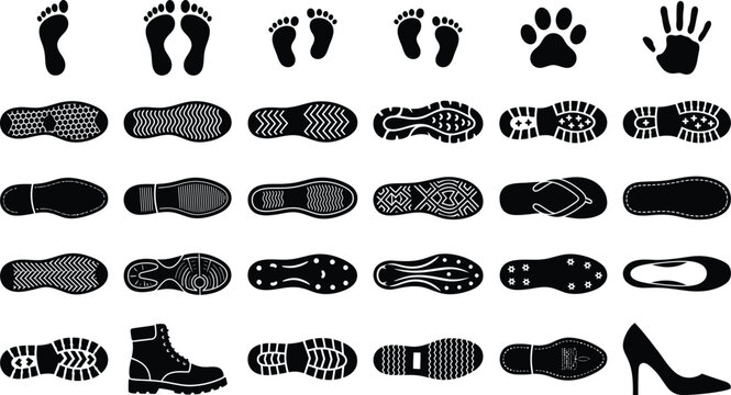 Black footprint shoe print icon set with boot heel and paw print track vector design