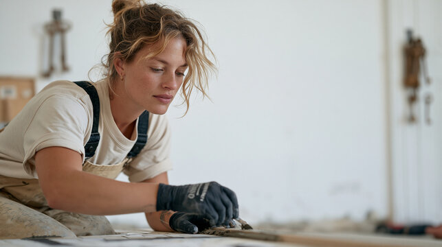 Mosaic artist improvising a grout fix on an opera house foyer floor portrait a set of antique keys hanging from a hook nearby on a sterile white wall as her candid unposed