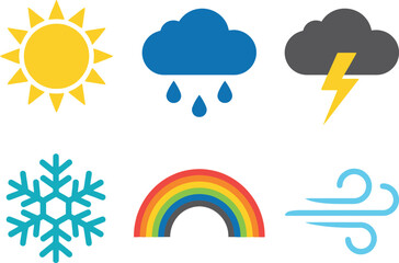 Obraz premium A collection of six colorful weather icons representing sun rain storm snow rainbow and wind.