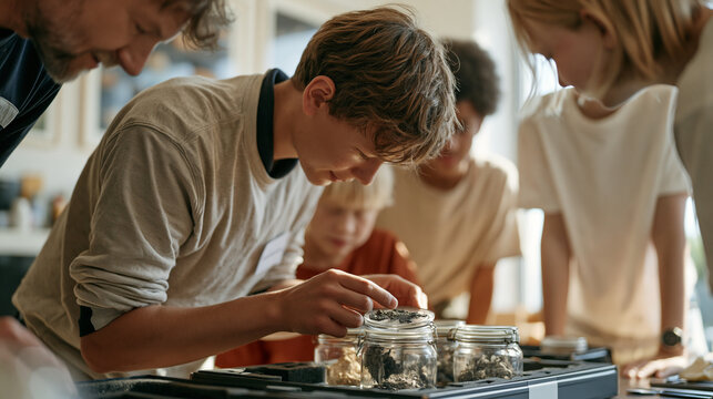 A kids sports referee packs volcanology field samples into foam lined cases in a modest living room, a close up texture of volcanic ash on a glass jar lid visible as a group of