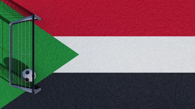 Sudan flag background with soccer ball in goal, Sudanese national football team concept, sports competition in Sudan