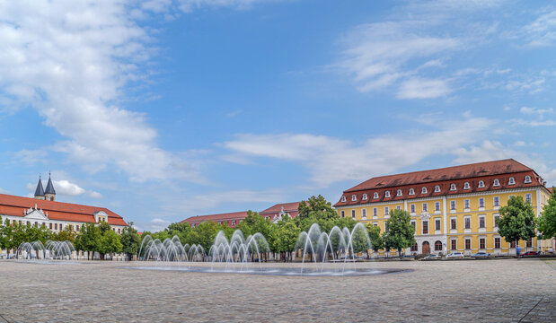 Cathedral Square, Magdeburg, Saxony-Anhalt, Germany; the State Parliament on the left side, the Ministry of Justice and Consumer Protection on the right side, historic public space located in downtown