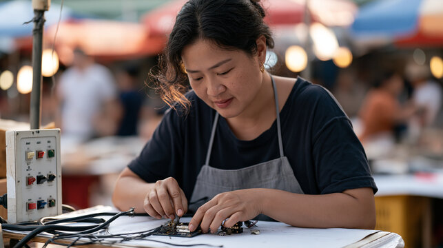 A person in a vibrant colorful market assembling agricultural sensor components step by step while managing health anxiety, a control panel with switches visible on a nearby
