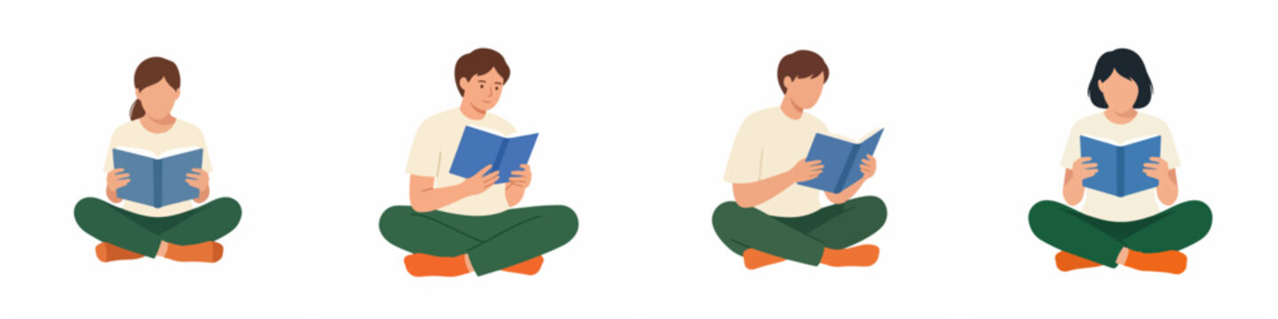 Set of diverse people sitting cross-legged and reading books in flat vector style.