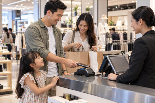 Family makes a contactless mobile payment using a smartphone at a department store checkout counter while a friendly cashier assists them.