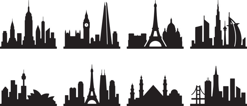 World famous metropolitan city skylines silhouettes silhouette collection