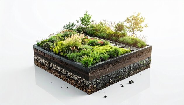 Detailed cross-section illustrating a vibrant miniature green ecosystem with rich soil layers and diverse plant growth, emphasizing sustainable urban landscape design and ecological principles