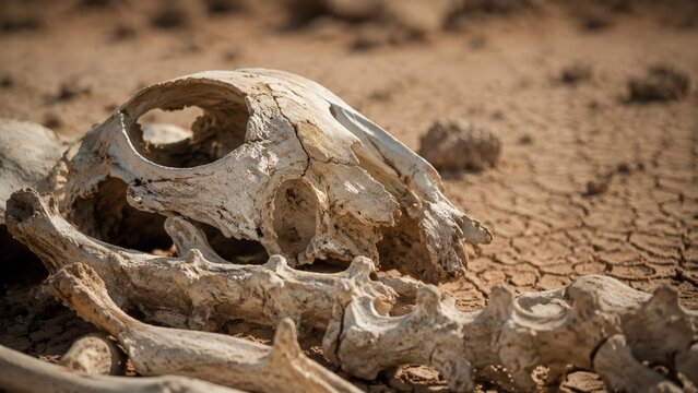Close up of a sun bleached animal skull and bones lying on cracked dry mud in a parched desert landscape under harsh sunlight conditions, underscoring the bleached bones