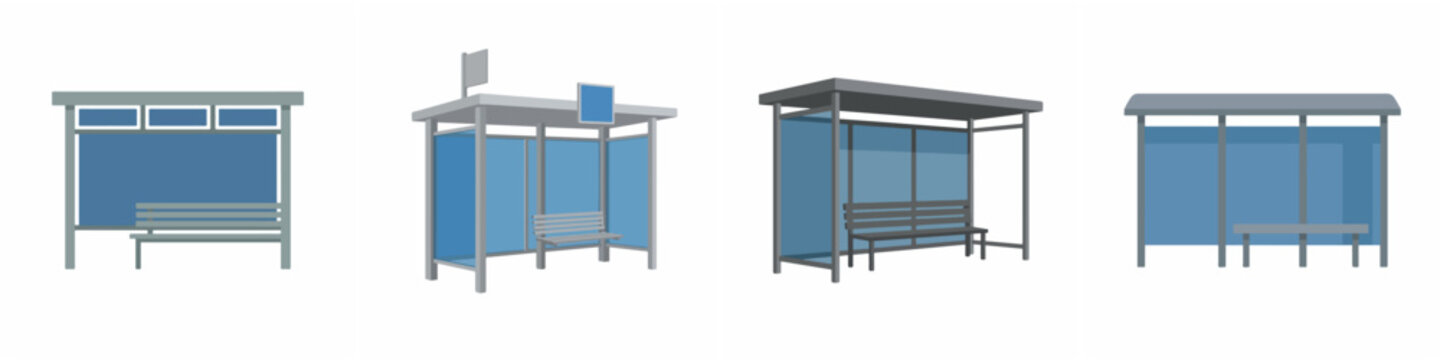 Vector set of modern bus stop shelters with benches in flat design style.